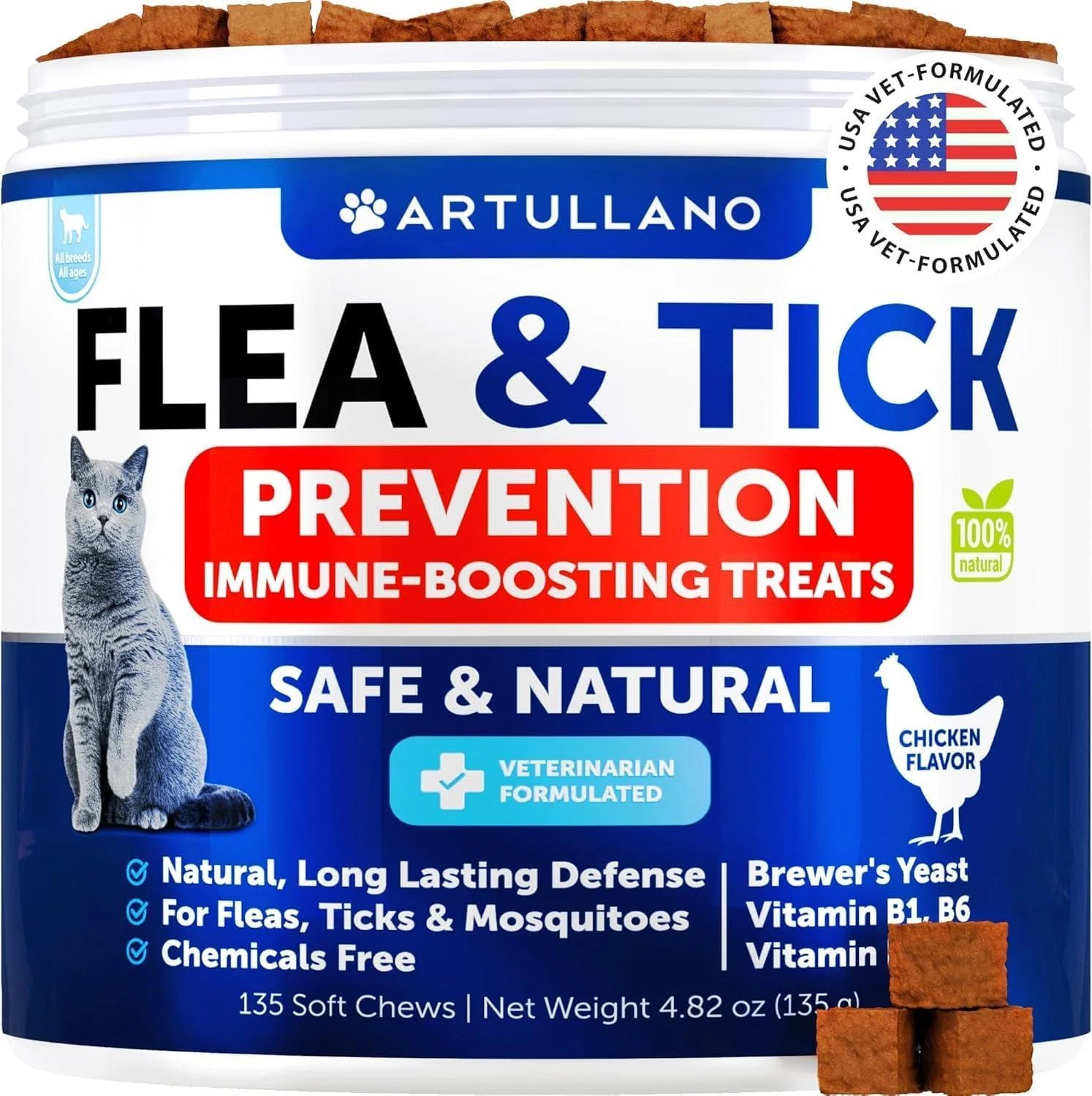 Flea Treatment for Cats Natural Flea and Tick Prevention Supplement for Cats Kittens Chewable Daily Oral Pills with Vitamins 135 Soft Chews Skin & Coat Dental Treats Digestion Made in USA